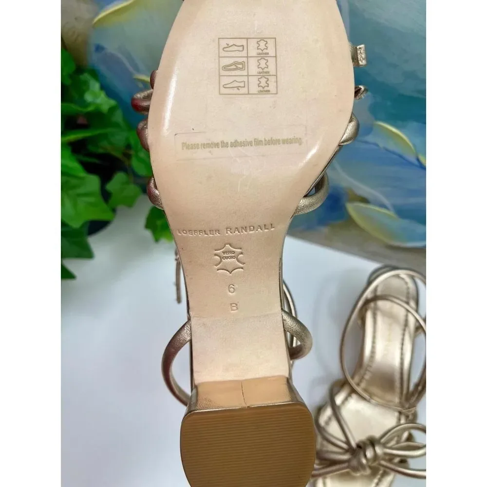 Loeffler Randall Mikel Gold Leather Bow Ankle Strap Block Heel Sandals 6